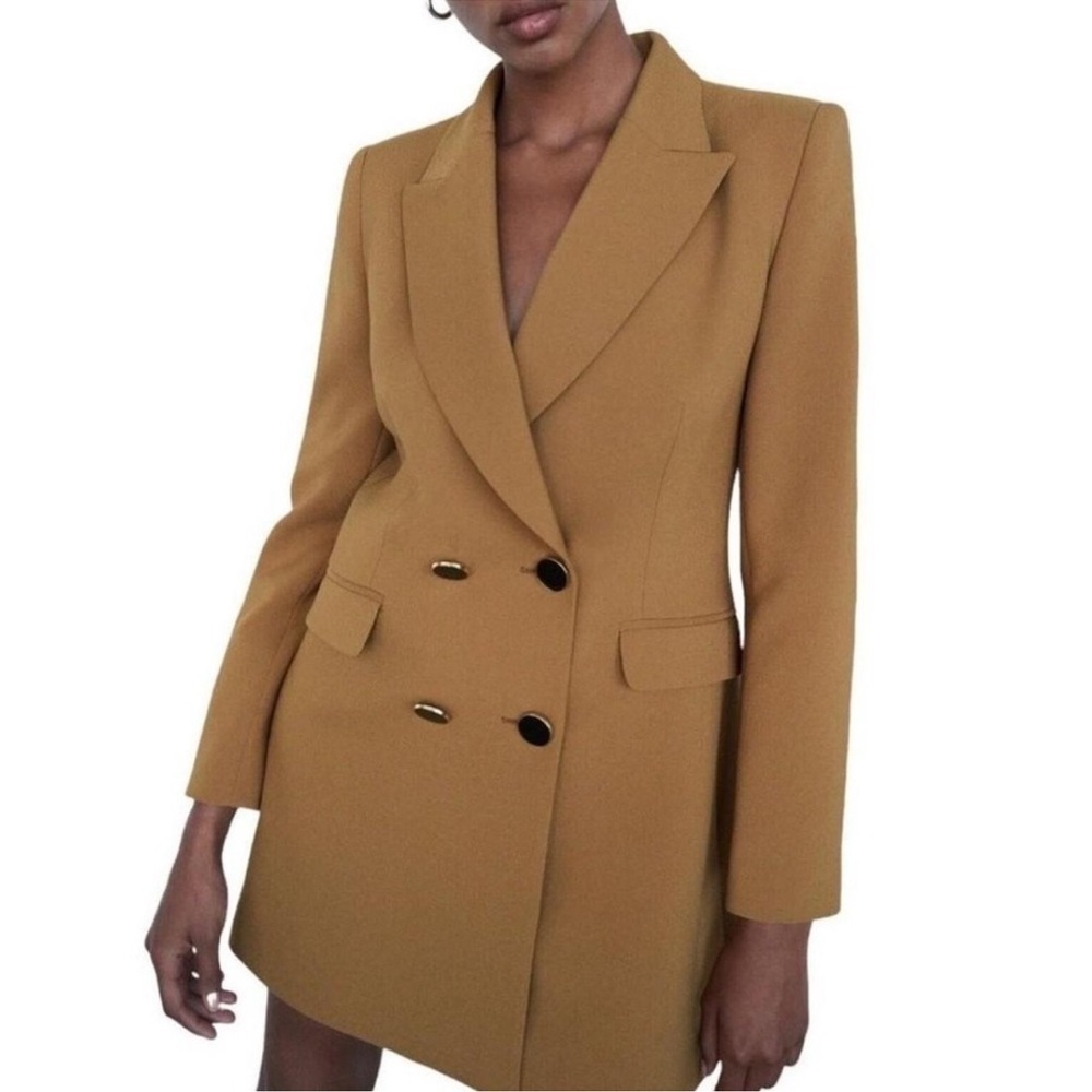 Zara Basic Collection Camel Double Breasted Long Blazer Jacket Dress